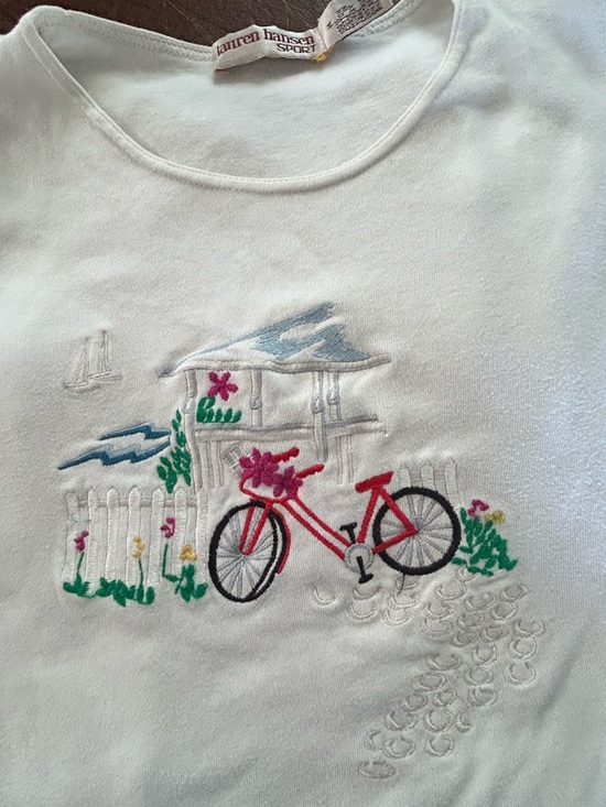 Lauren Hansen Tops - Coastal Lauren Hansen Embroidered Bicycle Graphic Tee Ivory EUC Rare SZ Medium